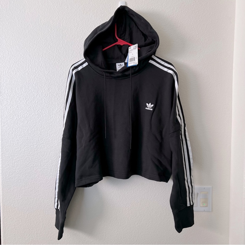 ADIDAS Black w/ White Stripes Cropped Hoodie - Sz L - NWT
